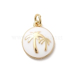 Brass Enamel Pendants, Coconut Tree, Rack Plating, Long-Lasting Plated, Cadmium Free & Lead Free, Real 18K Gold Plated, with Jump Ring, White, 15x13x3mm, Hole: 3mm(KK-P338-04A-G01)