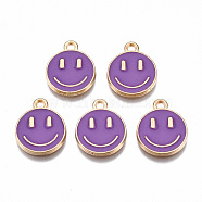 Alloy Enamel Charms, Cadmium Free & Lead Free, Smiling Face, Light Gold, Medium Violet Red, 14.5x12x1.5mm, Hole: 1.5mm(ENAM-S121-165D-RS)