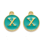 Golden Plated Alloy Enamel Charms, Enamelled Sequins, Flat Round with Alphabet, Letter.X, Green, 14x12x2mm, Hole: 1.5mm(X-ENAM-Q437-15X)