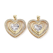 Rack Plating Brass Micro Pave Clear Cubic Zirconia Pendants, Long-Lasting Plated, Lead Free & Cadmium Free, Heart, Real 18K Gold Plated, 23.5x24.5x6mm, Hole: 5x3.5mm(KK-Z064-07G)