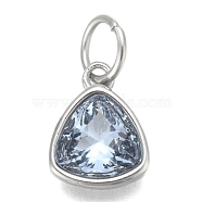 304 Stainless Steel Cubic Zirconia Pendant, Triangle, Stainless Steel Color, Light Steel Blue, 12.5x9.5x5mm, Hole: 5mm(ZIRC-P080-B06)