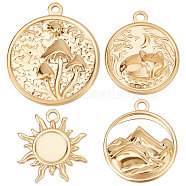 12Pcs 4 Style 304 Stainless Steel Pendants, Sun & Flat Round with Mountain & Fox & Mushroom, Real 18K Gold Plated, 23.5~30.5x19~25x2~3mm, Hole: 1.8~2mm, 3pcs/style(STAS-BBC0001-61)