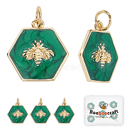6Pcs Rack Plating Brass Enamel Pendants, with Jump Ring, Real 18K Gold Plated, Hexagon with Bee, Sea Green, 15x14x2.5mm, Hole: 3.6mm(KK-BBC0004-58)