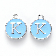 Platinum Plated Alloy Enamel Charms, Cadmium Free & Lead Free, Enamelled Sequins, Flat Round with Letter, Letter.K, 14x12x2mm, Hole: 1.5mm(X-ENAM-S118-04K-P)