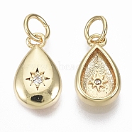 Brass Micro Pave Cubic Zirconia Charms, with Jump Ring, Nickel Free, teardrop, with Star, Clear, Real 18K Gold Plated, 12.5x7.5x3.5mm, Hole: 3mm(ZIRC-R109-037-NF)