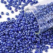 DIY Craft Beads 8/0 Opaque Colors Lustered Round Glass Seed Beads, Blue, Size: about 3mm in diameter, hole:1mm, about 1101pcs/50g(X-SEED-A012-3mm-128)