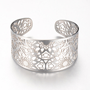 304 Stainless Steel Filigree Cuff Bangles, Wide Band Bangles, Stainless Steel Color, 2-1/4 inch(55mm)(X-STAS-S060-08)