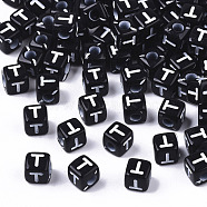 Opaque Acrylic Beads, Horizontal Hole, Alphabet Style, Cube, Black & White, Letter.T, 5x5x5mm, Hole: 2mm, about 5000pcs/500g(SACR-N002-01T)