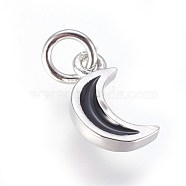 Enamel Brass Charms, with Jump Ring, Moon, Black, Platinum, 10x6x2mm, Hole: 3mm(KK-G364-16P-02)