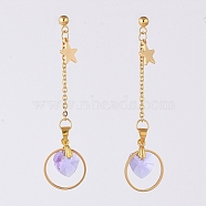 Glass Heart Dangle Ear Studs, with 304 Stainless Steel Studs & Cable Chains & Findings and Brass Ear Nuts, Lilac, 65mm, Pin: 0.8mm(EJEW-JE04023-02)