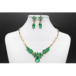Horse Eye & Leaf & Teardrop Alloy Rhinestone Pendant Necklaces & Stud Dangle Earrings Sets, Golden, Fern Green, 400mm(FS-WG3720E-01)