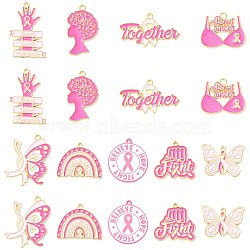 18Pcs 9 Styles Breast Cancer Awareness Ribbon Zinc Alloy Enamel Pendants, Golden, Mixed Shapes, 17~30x18~29x1.5mm, Hole: 1~1.8mm, 2pcs/style(ENAM-FS0004-45)