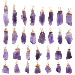 30Pcs Raw Rough Natural Amethyst Pendants, with Real 18K Gold Plated Eco-Friendly Copper Wire Wrapped, Nuggets, 26~31x8.5~9x5.5~7mm, Hole: 3mm(FIND-FH0004-86)