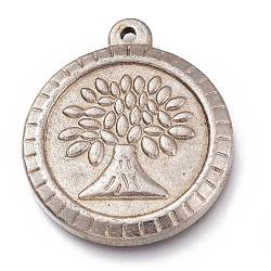 304 Stainless Steel Pendants, Flat Round with Tree of Life, Stainless Steel Color, 28x24.5x3mm, Hole: 1.5mm(STAS-O136-07P-A)