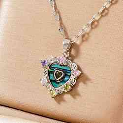 Brass Colorful Cubic Zirconia Heart-shaped Pendant Necklaces, with Paua Shell, Platinum, 15.75 inch(40cm)(PR0180-2)