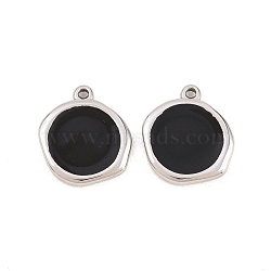 304 Stainless Steel Enamel Pendants, Flat Round Charms, Stainless Steel Color, Black, 17.5x16.5x3mm, Hole: 1.6mm(STAS-K293-26P-02)