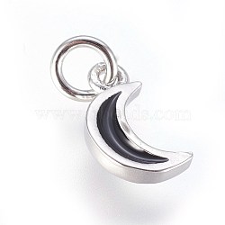 Enamel Brass Charms, with Jump Ring, Moon, Black, Platinum, 10x6x2mm, Hole: 3mm(KK-G364-16P-02)