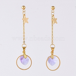 Glass Heart Dangle Ear Studs, with 304 Stainless Steel Studs & Cable Chains & Findings and Brass Ear Nuts, Lilac, 65mm, Pin: 0.8mm(EJEW-JE04023-02)