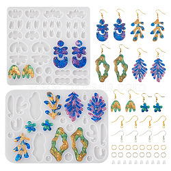 Pandahall 2Pcs 2 Style Mushroom & Leaf Earring Pendant Silicone Molds, Resin Casting Molds, with 40Pcs Brass Earring Hooks, 80Pcs Iron Jump Rings and 50Pcs Plastic Ear Nuts, White, 115~121x125~158x5~6mm, Hole: 1.5mm, Inner Diameter: 9~53x7~29mm, 1Pc/style(DIY-TA0005-43)
