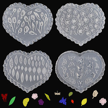 4Pcs 4 Styles Silicone Carved Molds, Nail Art Templates Molds, DIY Manicure Tool for Nail Art Tips Decoration, Heart, Mixed Shapes, 5.7~6.05x6.7~6.85x0.55~0.8cm, 1pc/style