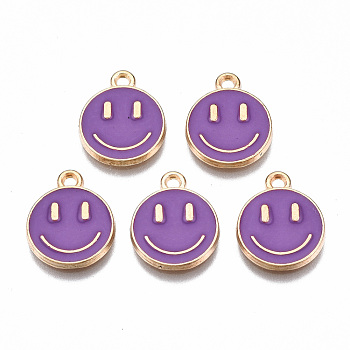 Alloy Enamel Charms, Cadmium Free & Lead Free, Smiling Face, Light Gold, Medium Violet Red, 14.5x12x1.5mm, Hole: 1.5mm