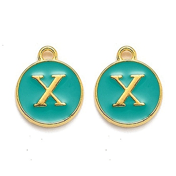 Golden Plated Alloy Enamel Charms, Enamelled Sequins, Flat Round with Alphabet, Letter.X, Green, 14x12x2mm, Hole: 1.5mm