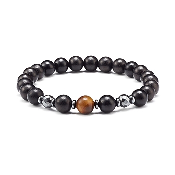 Energy Power Round Beads Stretch Bracelet for Men Women, Natural Tiger Eye & Non-Magnetic Synthetic Hematite & Natural Wood Beads Bracelet, Inner Diameter: 2-1/8 inch(5.5cm)