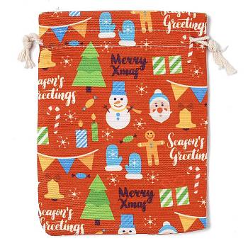 Christmas Theme Cloth Printed Storage Bags, Drawstring Bags, Rectangle, Red, 18x13x0.4cm