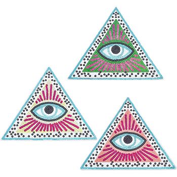 3Pcs 3 Colors Computerized Embroidery Cloth Iron on/Sew on Patches, Sequin Appliques, All Seeing Eye, Mixed Color, 203~204x233x1mm, 1pc/color