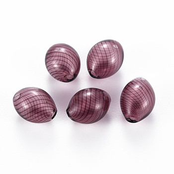 Transparent Handmade Blown Glass Globe Beads, Stripe Pattern, Oval, Old Rose, 15~16x11~12mm, Hole: 1.5~2.2mm