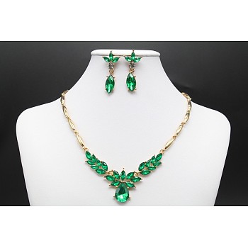 Horse Eye & Leaf & Teardrop Alloy Rhinestone Pendant Necklaces & Stud Dangle Earrings Sets, Golden, Fern Green, 400mm