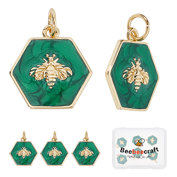 6Pcs Rack Plating Brass Enamel Pendants, with Jump Ring, Real 18K Gold Plated, Hexagon with Bee, Sea Green, 15x14x2.5mm, Hole: 3.6mm