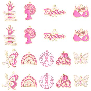 18Pcs 9 Styles Breast Cancer Awareness Ribbon Zinc Alloy Enamel Pendants, Golden, Mixed Shapes, 17~30x18~29x1.5mm, Hole: 1~1.8mm, 2pcs/style