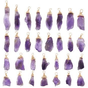 30Pcs Raw Rough Natural Amethyst Pendants, with Real 18K Gold Plated Eco-Friendly Copper Wire Wrapped, Nuggets, 26~31x8.5~9x5.5~7mm, Hole: 3mm