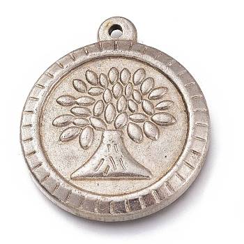 304 Stainless Steel Pendants, Flat Round with Tree of Life, Stainless Steel Color, 28x24.5x3mm, Hole: 1.5mm