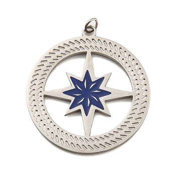 304 Stainless Steel Pendants, with Enamel and Jump Ring, Flat Round with Star Charm, Stainless Steel Color, 30.5x27.5x1mm, Hole: 2.5mm