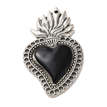 Alloy Pendants, with Black Enamel, Antique Silver, Sacred Heart Charm, 48x29x4mm, Hole: 1.5mm
