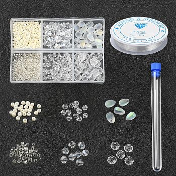 DIY White Series Jewelry Making Kits, 620Pcs Glass Seed Round & Rondelle Beads, 80Pcs Crystal & Glass Bicone Beads, 20Pcs Teardrop Glass Charms, Test Tube, Needles, Elastic Crystal Thread, Clear, Beads: 700pcs/set