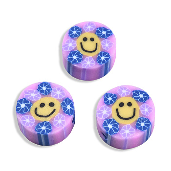 Handmade Polymer Clay Beads, Flat Round with Smiling Face & Flower, Medium Orchid, 8.5~10x4.5mm, Hole: 1.5mm