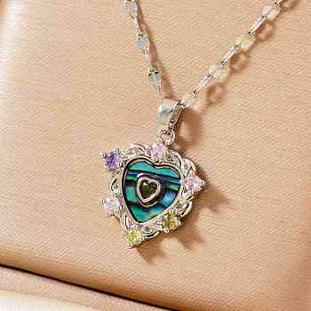 Brass Colorful Cubic Zirconia Heart-shaped Pendant Necklaces, with Paua Shell, Platinum, 15.75 inch(40cm)