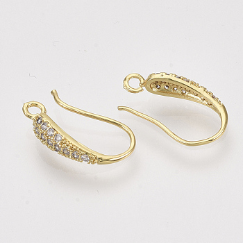 Brass Micro Pave Cubic Zirconia Earring Hooks, with Horizontal Loop, Nickel Free, Clear, Real 18K Gold Plated, 19~20x10~11x4mm, Hole: 2mm, 21 Gauge, Pin: 0.7mm