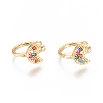 Golden Plated Brass Micro Pave Cubic Zirconia Cuff Earrings, Long-Lasting Plated, Moon, Colorful, 11.5x10.5x1.5mm