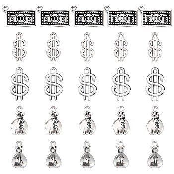 80Pcs 5 Style Tibetan Style Zinc Alloy Pendants, Money Shapes, Antique Silver, 10.5~21x8.5~13x1~4mm, Hole: 1.5~1.8mm, 16pcs/style