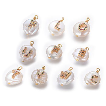Natural Cultured Freshwater Pearl Pendants, with Brass Micro Pave Cubic Zirconia Findings, Flat Round with Random Mixed Letter, Golden, Colorful, 16x11mm,Hole:1.80mm