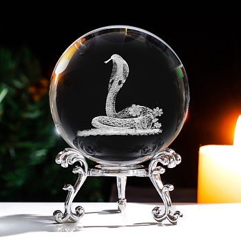 Inner Carving 12 Chinese Zodiac Signs Glass Crystal Ball Diaplay Decoration, 3D Figurines Gift for Home Office Desktop Decor, Snake, 60mm