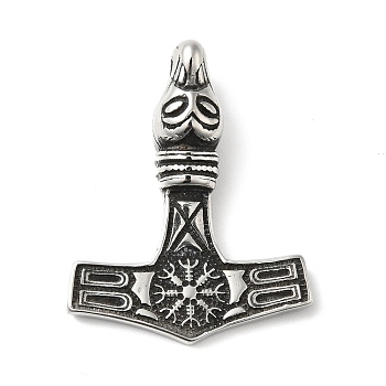 304 Stainless Steel Manual Polishing Pendants, Thor's Hammer, Antique Silver, 38x30x10mm, Hole: 5mm