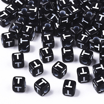 Opaque Acrylic Beads, Horizontal Hole, Alphabet Style, Cube, Black & White, Letter.T, 5x5x5mm, Hole: 2mm, about 5000pcs/500g