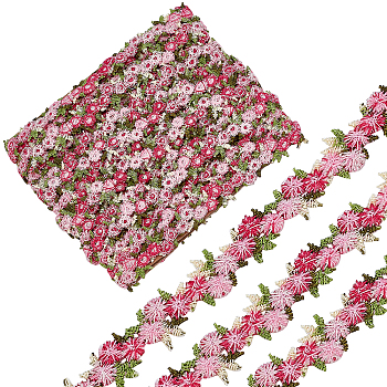 5 Yards Polyester Ribbon, Flower, Deep Pink, 1/2 inch(14mm)