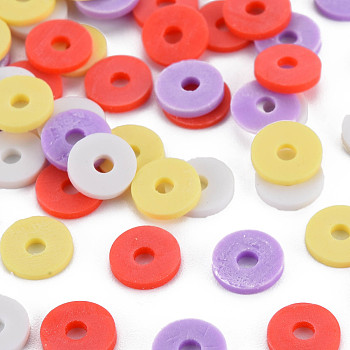 4 Colors Handmade Polymer Clay Beads, Heishi Beads, Disc/Flat Round, Orange Red & Light Khaki & Lilac & White, 8x0.5~1.5mm, Hole: 2mm, about 11500pcs/1000g