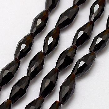Glass Bead Strands, Rice, Faceted, Black, 9x4mm, Hole: 1mm, about 60pcs/strand, 20 inch